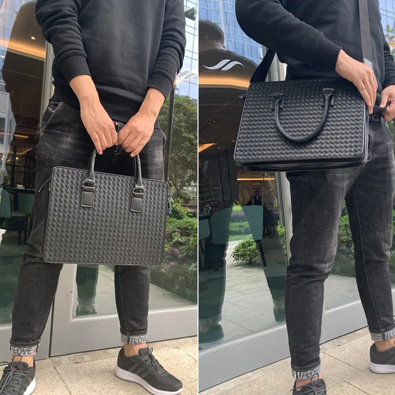 5A Designer Portable Briefcase Brand Top Men'S Leather Single-Shoulder A4 Magazine Fashion Laptop Simple Business Handmade Woven Bag 2023 New