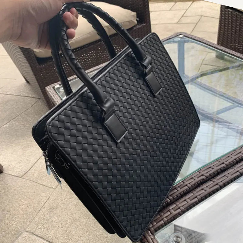 5A Designer Portable Briefcase Brand Top Men'S Leather Single-Shoulder A4 Magazine Fashion Laptop Simple Business Handmade Woven Bag 2023 New