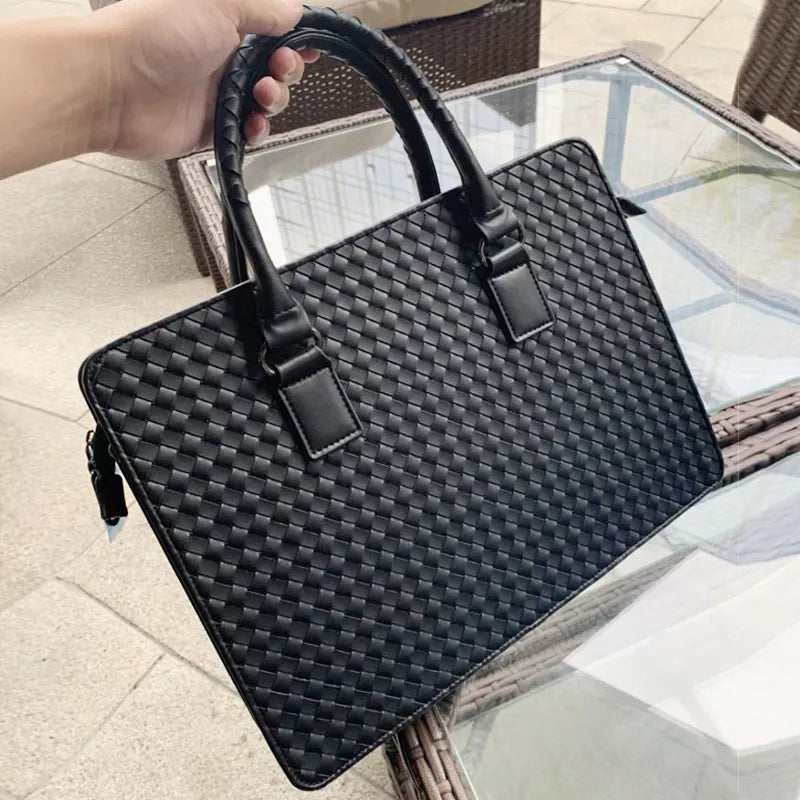 5A Designer Portable Briefcase Brand Top Men'S Leather Single-Shoulder A4 Magazine Fashion Laptop Simple Business Handmade Woven Bag 2023 New
